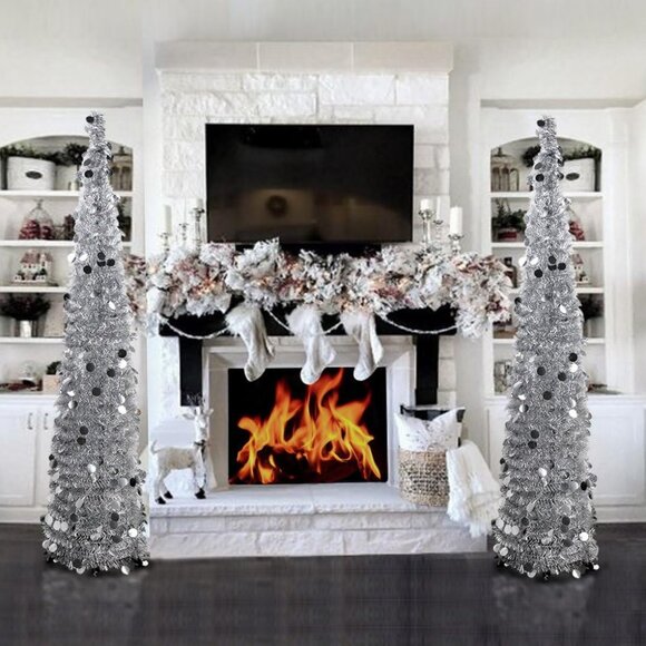 5FT Silver Christmas Pop Up Tinsel Tree Holiday Decor Collapsible - Picture 2 of 6